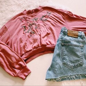 Vintage Pink Floral Turtleneck Crop Long Sleeve